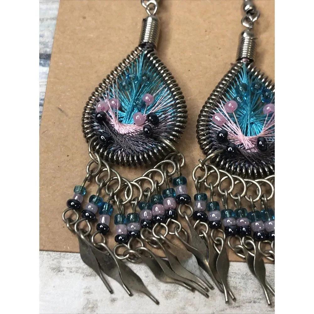 Boho‎ Drop Dangle Beads Teardrop Silver Tone Pink Blue